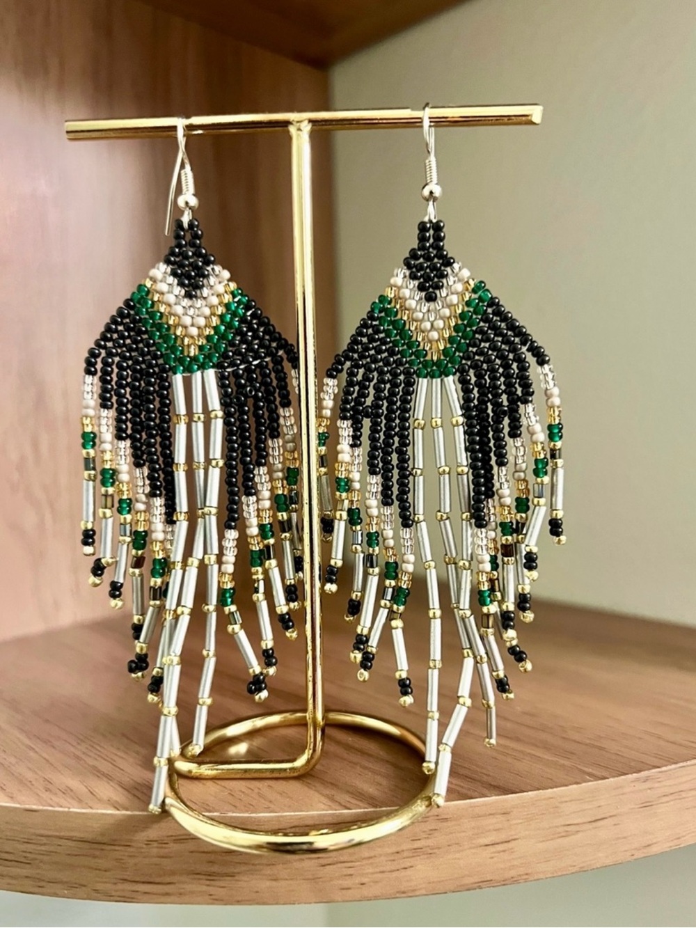 Shimmering Black, Green & Gold Glam Earrings